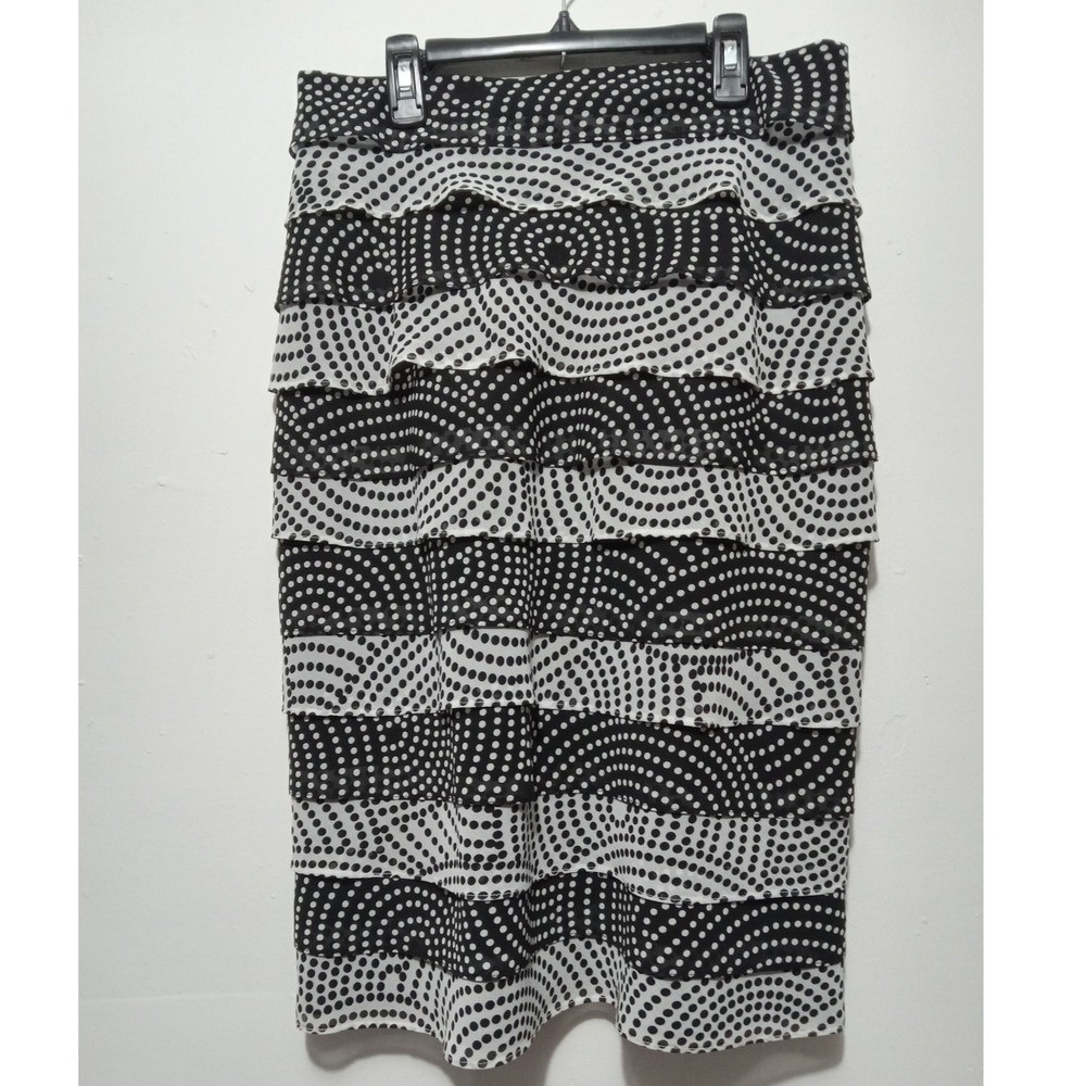 Jackie Jon New York Tiered Ruffle Pencil Skirt Black White Polka Dot Size 8